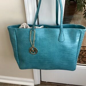 Turquoise Croc-Embossed  Sadie Tote Bag by MKF never used